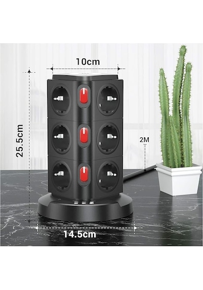 Kule Tipi 12 Li Çoklu Priz 3 Usb Hızlı Şarj Anahtarlı Akım Korumalı Masa Üstü Tower Priz 2 m