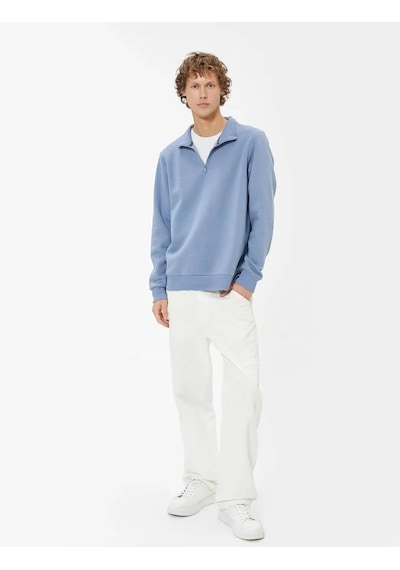 Koton Yarım Fermuarlı Yaka Sweatshirt Uzun Kollu Pamuk Karışımlı Mavi 5wam70002mk Mavi
