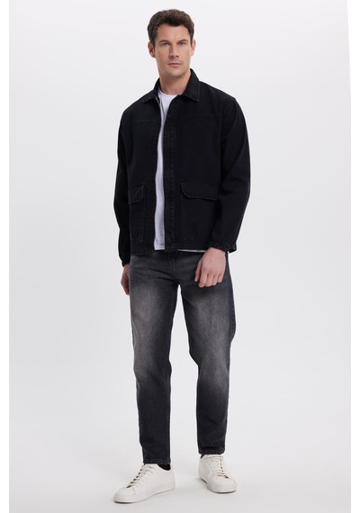 Tudors Erkek Relax Fit Rahat Kesim Çift Cep Denim Siyah Kot Mont Gömlek-42021 Siyah