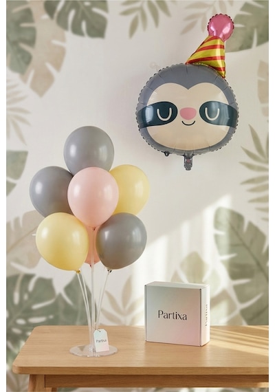 Şapkalı Safari Tembel Hayvan Kafa Balon Stand Seti Şeffaf 7 Li Stand + Tembel Hayvan Folyo Balon + 7 Lateks Balon