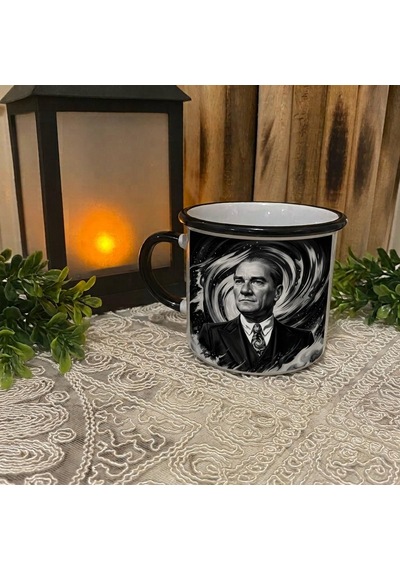 Kişiye Özel Siyah Beyaz Renk Tasarımlı Atatürk Portre Temalı Enamel Kupa Bardak Siyah - Beyaz