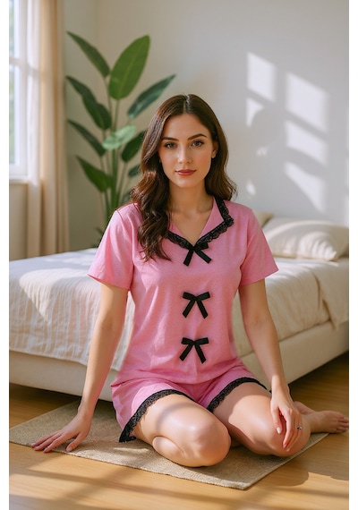 Bella Notte Pembe Yazlık Dantel Detaylı Şortlu Pijama Takımı