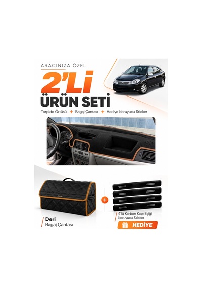 Renault Symbol Airbagsiz 2008-2011 Uyumlu Torpido Örtüsü + Deri Çanta Seti - Siyah Kahverengi