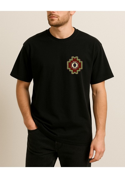 Etnik Yeşil Detaylı Halı Baskılı T-shirt Siyah