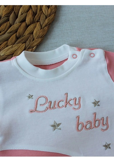 Veraura Lifestyle 0-3 3-6 Ay Lucky Baby Nakışlı Es Çizgi Boy Şapkalı Kız Bebek Tulumu Pudra