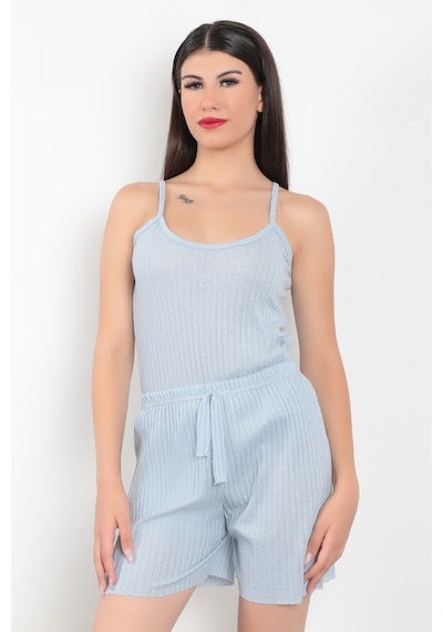 Giysa Mavi İp Askılı Şortlu Kaşkorse Kadın Pijama Takımı Pamuk Karışımlı Kumaş - 6015 Mavi