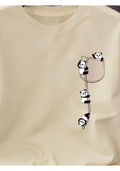 Sevimli Panda Grafikli İpli Cep Detaylı Kısa Kollu Oversize Unisex Bisiklet Yaka Tişört Taş Rengi Sevimli Panda Grafikli İpli Cep Detaylı Kısa Kollu Oversize Unisex Bisiklet Yaka Tişört Taş Rengi