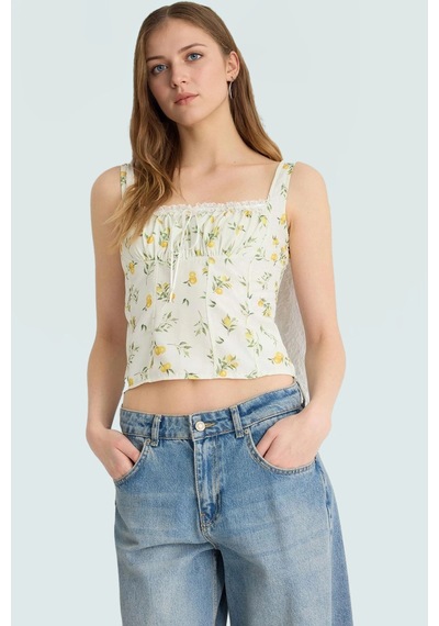 Ersefa Limon Desenli Kolsuz Crop Bluz Rahatlık Ve Şıklık Bir Arada Dayan Ekru