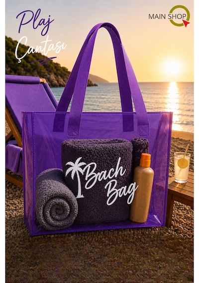 Mainshop Mor Şeffaf Beach Bag Kadın Plaj Çantası Büyük Hacimli M-plj01