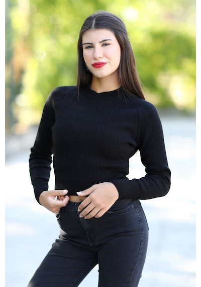 Giysa Kadın Siyah Fitilli Crop Triko Kazak Kısa Model Akrilik Kumaş Ribanalı - 3122 Siyah
