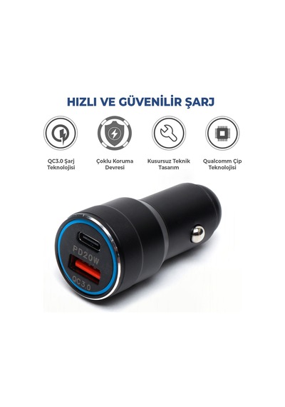 Usb Type C Araç Şarj Cihazı Siyah Renk- 2 Port, Hızlı Şarj 30w Çakmaklık Adaptörü