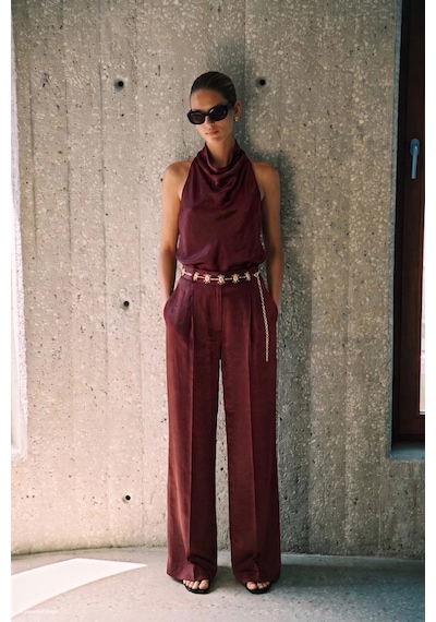 Sateen Yüksek Bel Aura Pantolon Bordo
