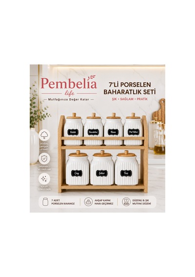 Ahşap Standlı Etiketli 7 Li Porselen Baharatlık Seti Baharatlık Takımı Bej Diğer