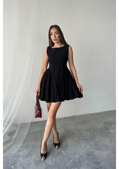 Dogutrend Siyah Mini Boy Büzgülü Keten Elbise