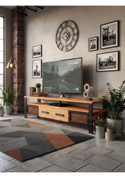 Raweyn Iron Doğal Ahşap Çekmeceli Tv Ünitesi - 210cm Açık Ceviz