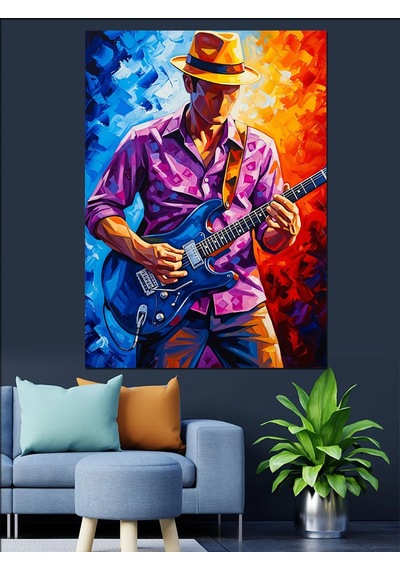 Ahşap Tablo Mavi Şapkalı Elektro Gitar Çalan