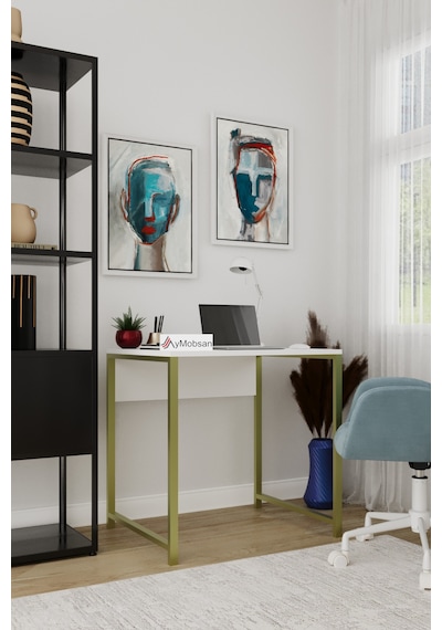 Selin Metal Ayaklı Çalışma Masası Beyaz Suntalam, Gold Ayak, Modern Ofis & Ev Masası Altın - Beyaz