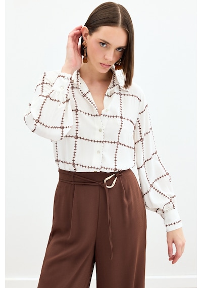 Sateen Nakış Detaylı Viskon Gömlek - Kahve-136092 Kahve