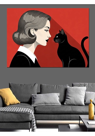 Ahşap Tablo Kara Kedi Ve Kadın Profili