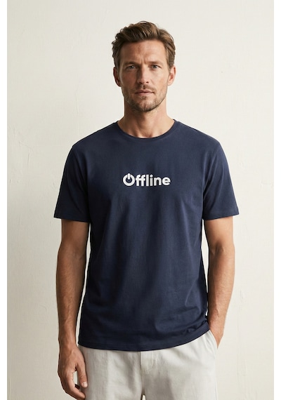 Elemge %100 Pamuk Süprem Pijama Üstü T-shirt Compact Penye Erkek Rahat Kalıp Lacivert Kısa Kol Offline Bask