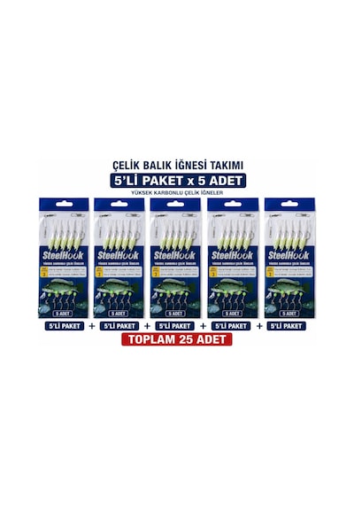 Valkyrie Fosforlu Çelik Balık İğnesi Takımı 5 Li Paket X 5 Adet Toplam 25 İğne Hazır Olta Gece Parlayan Yemli Çapari Cm - 50