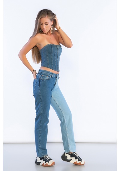 Mavi Yüksek Bel Çift Renk Detaylı Mom Jeans-mavi Mavi