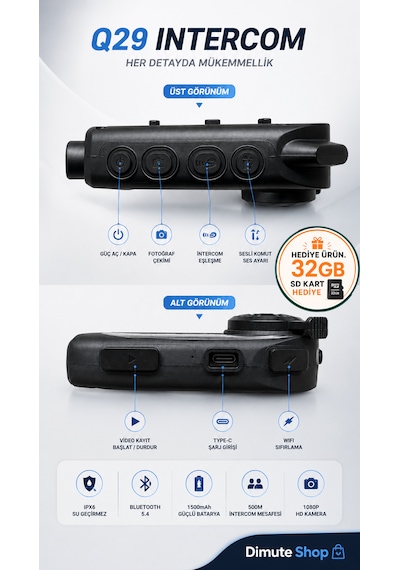 Q29 Motosiklet Kask Intercom Bluetooth Kulaklık 1080p Kamera Ipx6 Su Geçirmez 500m