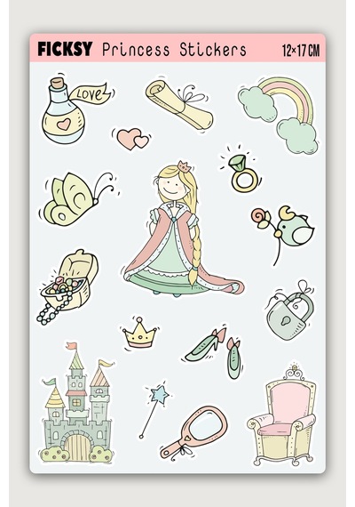 Sevimli Doodle Stili Prenses Sticker Seti - 16 Adet Etiket Çıkartma Diğer