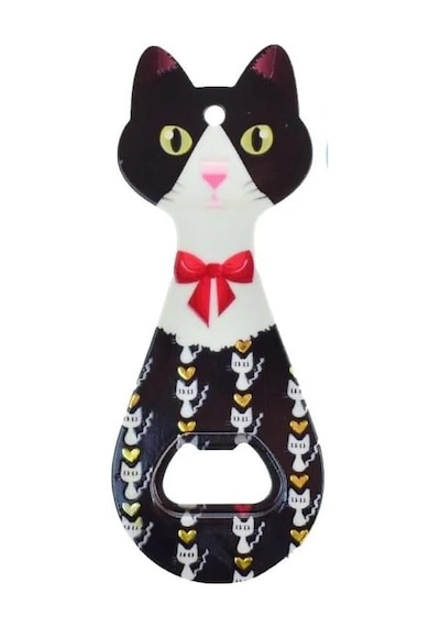 Miyav Kedi Şeklinde Mıknatıslı Şişe Kapak Açacağı, Buzdolabı Magnet Pembe, 5.5x14 Cm, Seramik Kaplama Siyah Diğer