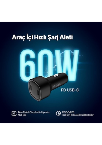 Ttec Süper Hızlı 60w 2x Pd Type-c Araç Şarj Cihazı, 12/24v Çakmaklık Girişli Akım Ve Isı Korumalı