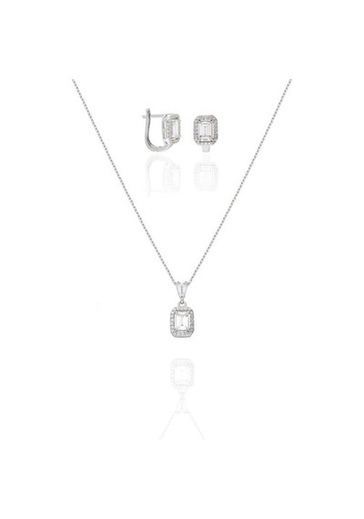 Gümüş Baget Taşlı Klipsli Küpe Ve Kolye Ucu Set-381