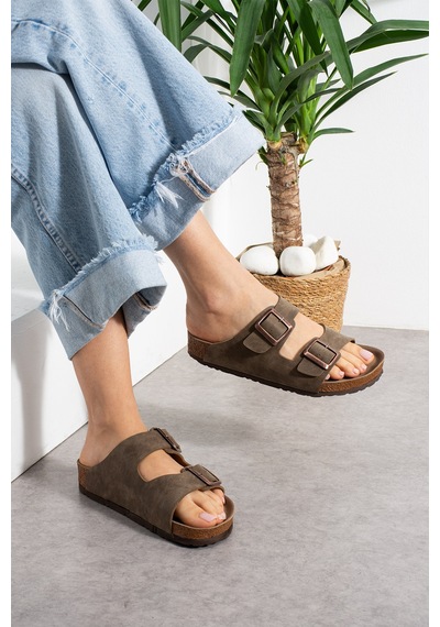 Stwenn Çift Tokalı Ortopedik Taban Terlik Unisex Günlük Rahat Kaymaz Taban Yazlık Sandalet Vizon