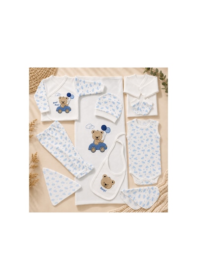 Petino Erkek Bebek Hastane Çıkışı 10 Lu Set Arabalı Ayıcık Nakışlı Mavi Lacivert
