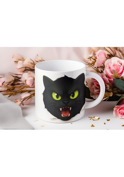 3d Görünümlü Siyah Kedi Figürlü Kupa Bardak Kedili Tasarım Bardak - Kabartmasız Beyaz