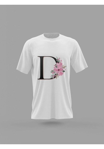 Noıssey Mavi D Harfi Baş Harf Pembe Çiçekli Baskılı T-shirt Pnrmtshrt4493 Beyaz