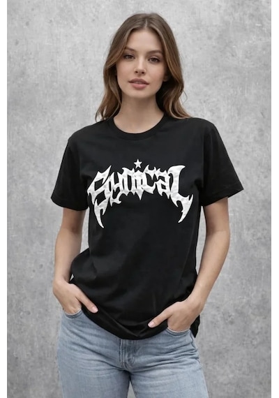 Bisiklet Yaka Ön Baskılı Kısa Kollu Tişört Streetwear Günlük Basic Pamuklu T-shirt - Siyah Siyah