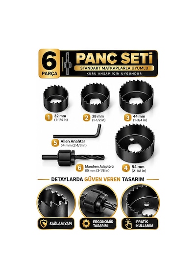 6 Parça Ahşap Panç Seti 32-54 Mm Matkap Uyumlu
