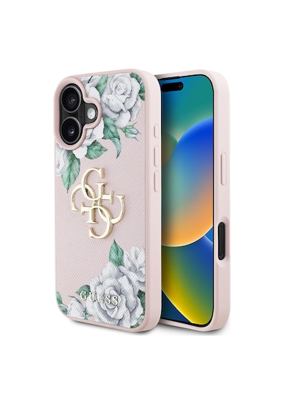 Apple Uyumlu iPhone 16 Kılıf Guess Lisanslı Gül Baskılı Büyük Metal Logo Dizaynlı Kapak Pembe