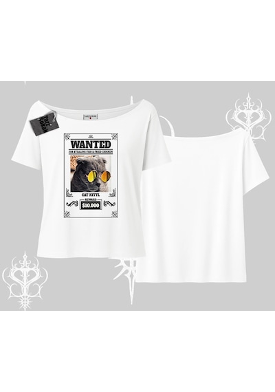 Tarzsokak Wanted Temalı Kedi Baskılı Kayık Yaka Tshirt Beyaz