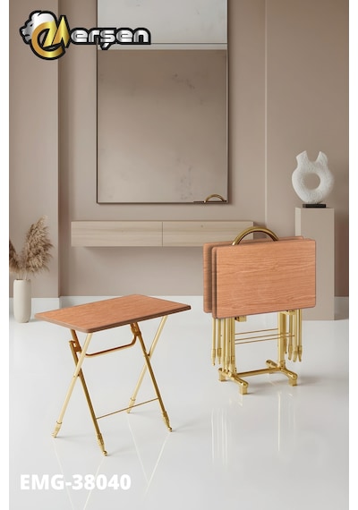 Eranş Serisi 4'lü Katlanır Mdf Mebran Ahşap Çanta Zigon Sehpa Gold Ayak Atlantik Çam Desen Gold Ayakk