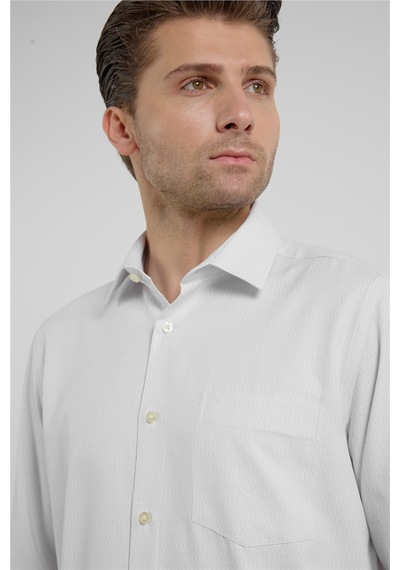 İmza Bej-beyaz Kendinden Desenli Sert Yaka Uzun Kol Cepli Comfort Fit Pamuklu Gömlek 1004255226 K.bej - Beyaz