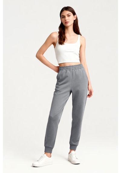 Tommy Life Gri Melanj Yüksek Bel Jogger Rahat Form Manşetli Kadın Eşofman Alt - 94561 GRİ MELANJ