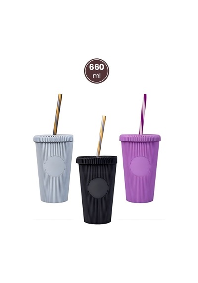 3 Adet Pipetli Kapaklı Opak Bardak 660 Ml, Smoothie Meşrubat İçecek Bardağı Mor-gri-siyah 3 Lü Set Renkli