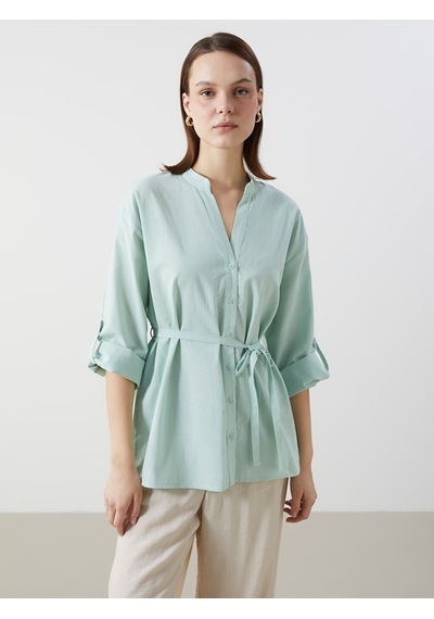 Lcw Comfort Yeşil Kaçık Yaka Oversize Poplin Kadın Bluz