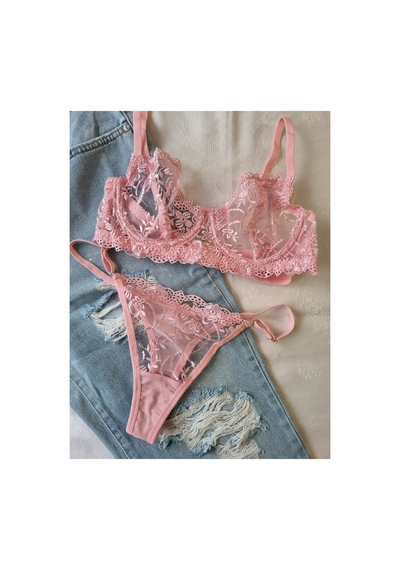 Demirsa Boutique Çiçek Desenli Dantelli Pembe Sütyen Ve Tanga, İç Çamaşır Takımı Pembe