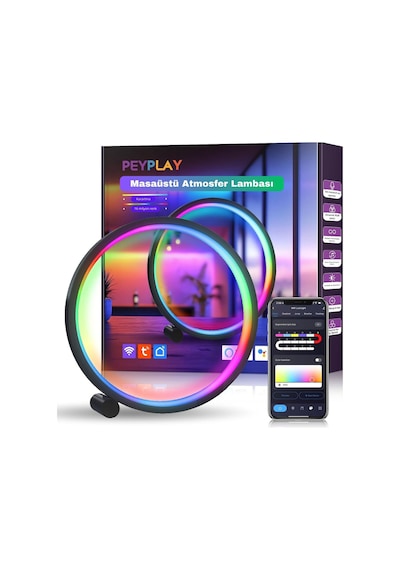 Akıllı Rgb Müzik Ritim Gece Lambası 25cm Led Halka Masa Lambası Bluetooth Kumandalı App Kontrollü Ortam Işığı Siyah