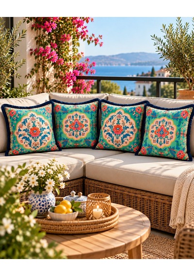 Oriental Bloom Çiçek Desenli 4 Lü Saçaklı Kırlent Kılıfı 45 x 45