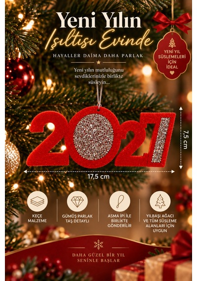 2027 Keçe Yılbaşı Ağacı Süsü Gümüş Taş Detaylı Yeni Yıl Süsü Kırmızı