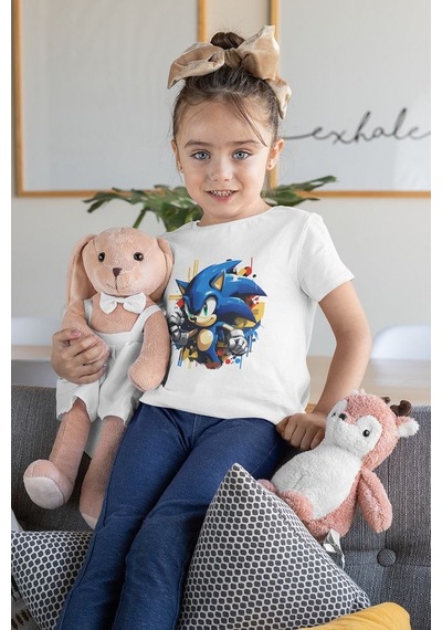 Sevbano Sonic Baskılı Unisex Oyun Çocuk Tişört 1-12 Yaş Beyaz
