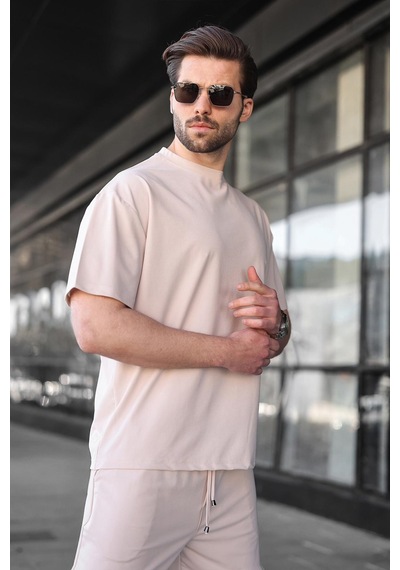 Madmext Bej Tensel Kumaş Erkek Şort Tişört Takım E7349 Bej